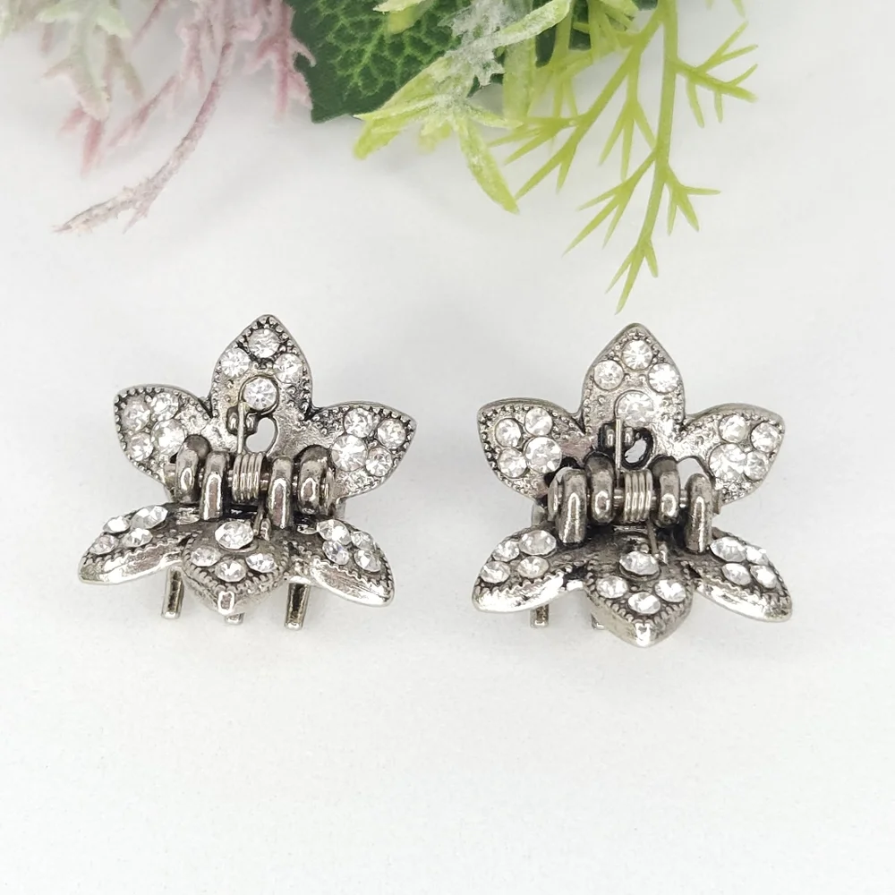 2 Silver Crystal Flower Hair Clips or Barrettes